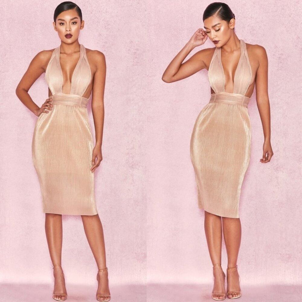 NWT House of‎ CB Isolde Gold Metallic Micro Pleated Crinkle Halter Bodycon Dress
